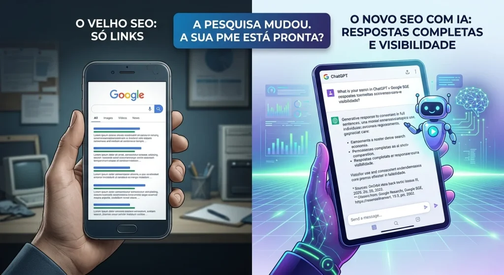 O Novo SEO chegou: O seu cliente já não pesquisa como antigamente O Google já não é o único sítio onde os seus clientes o procuram. Se a sua estratégia de visibilidade ainda ignora a Inteligência Artificial, a sua empresa está a tornar-se invisível.